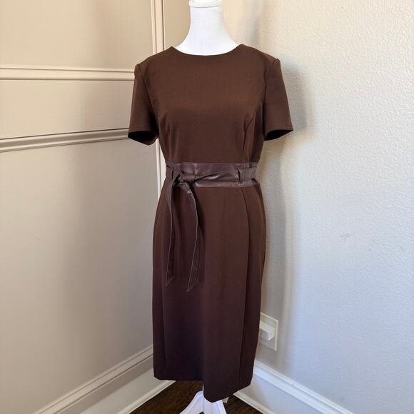 Calvin Klein Brown Faux Leather Tie-Waist Sheath Dress – Size 10 - Picture 1 of 4